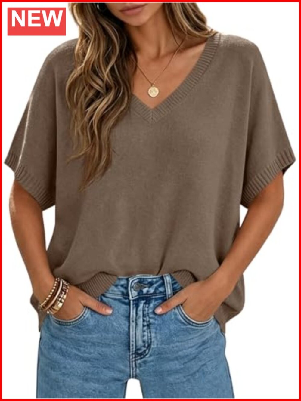 Women's Oversized Batwing Short Sleeve Knit Pullover Sweater